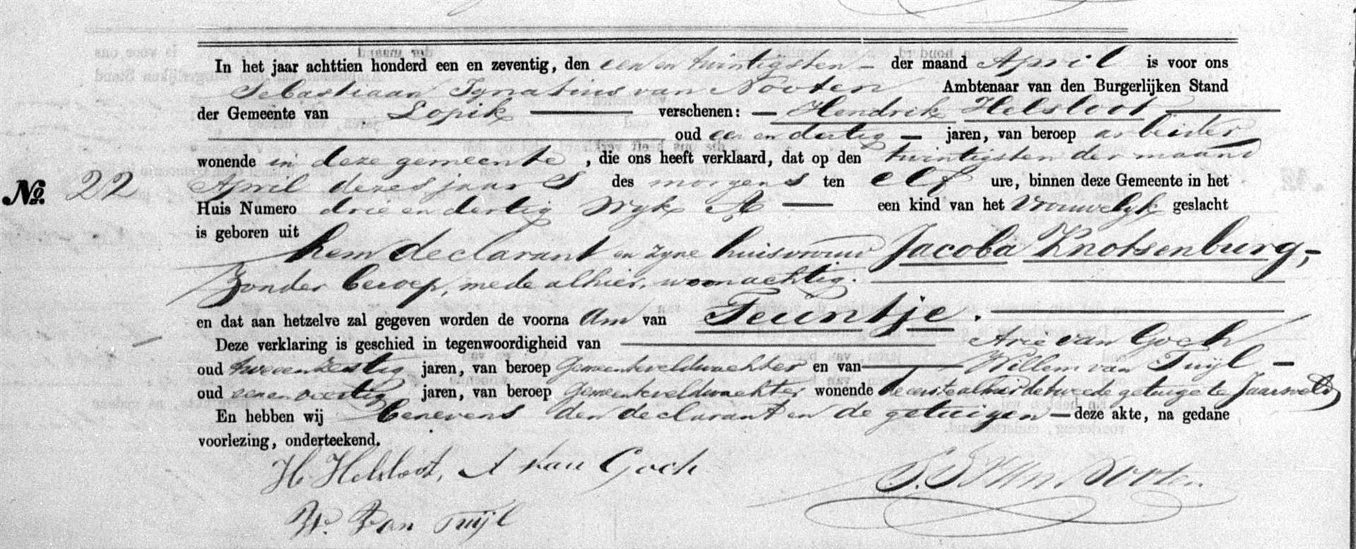 Teuntje Helsloot 1871 geboorteakte