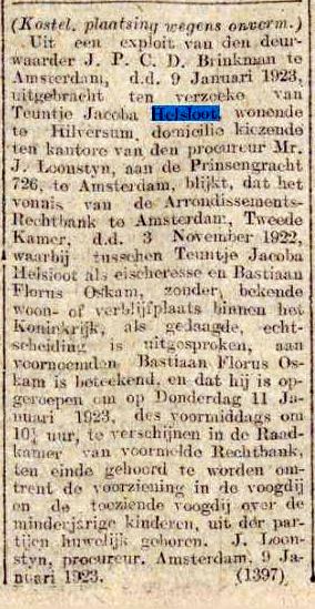 Teuntje Jacoba Helsloot 1876 voogdij kinderen admissie ; Algemeen Handelsblad  10-1-1923