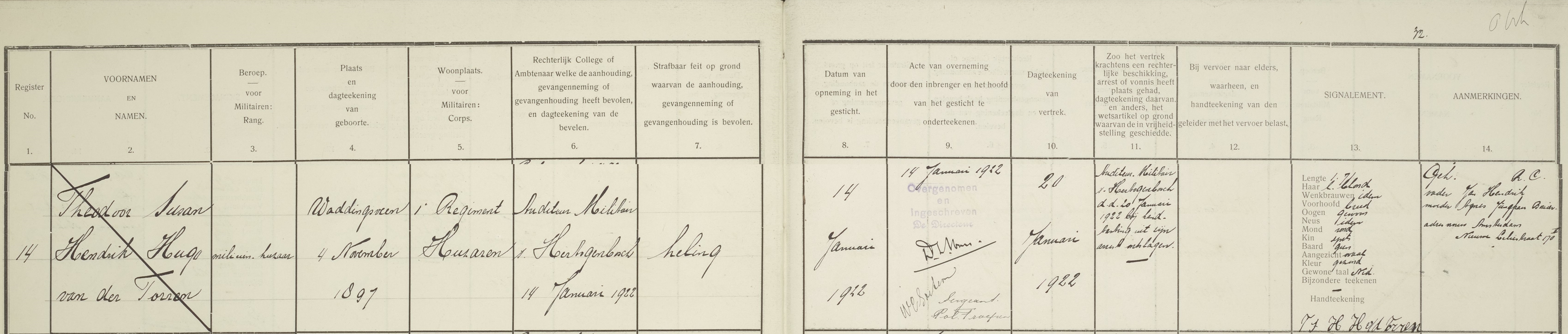 Theodoor Susan Hendrik Hugo van der Torren 1897 Inschrijvingsregister voorlopig aangehoudenen 1921-1923