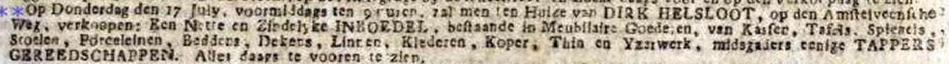 Theodorus Helsloot 1746 inboedel verkoop ; Amsterdamse courant 12-07-1788