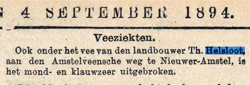 Theodorus Helsloot 1858 ; veeziekte Nieuws van den dag 4 september 1894