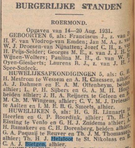 Theodorus Henri Johan Helsloot 1906 huwelijksbericht 1931