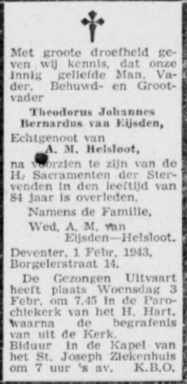 Theodorus Johannes Bernardus van Eijsden overlijdensadvertetie