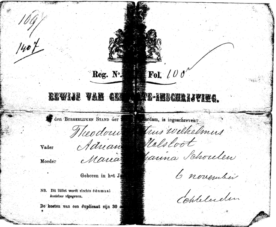 Theodorus Petrus Wilhelmus Helsloot 1893 bewijs geboorteinschrijving