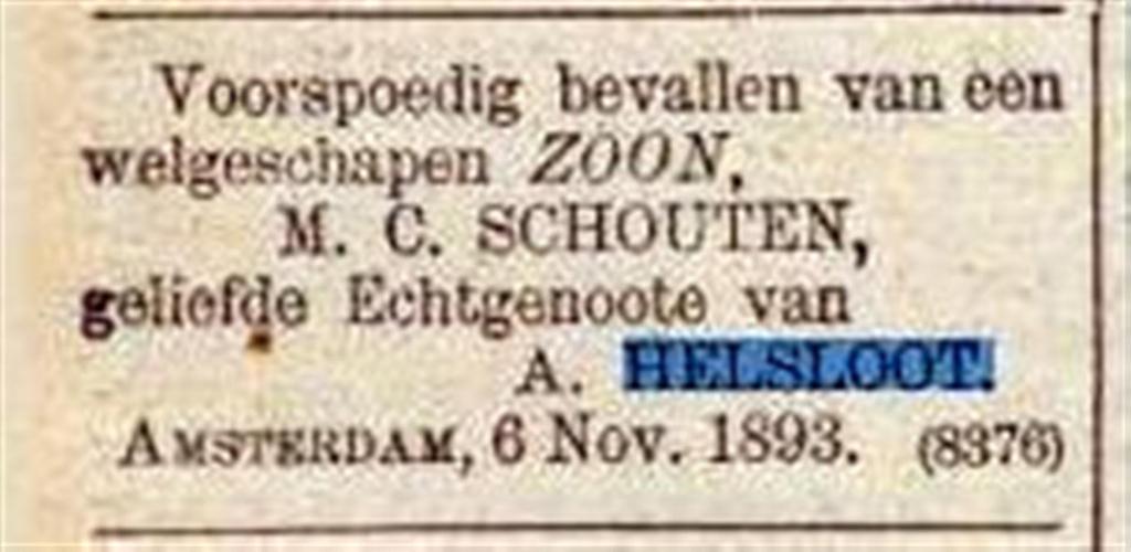 Theodorus Petrus Wilhelmus Helsloot 1893 geboorteadvertentie