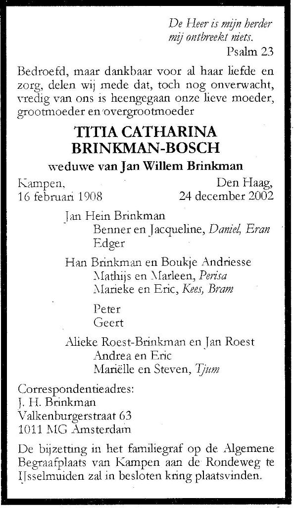 Titia Catharina Bosch overlijdensadvertentie