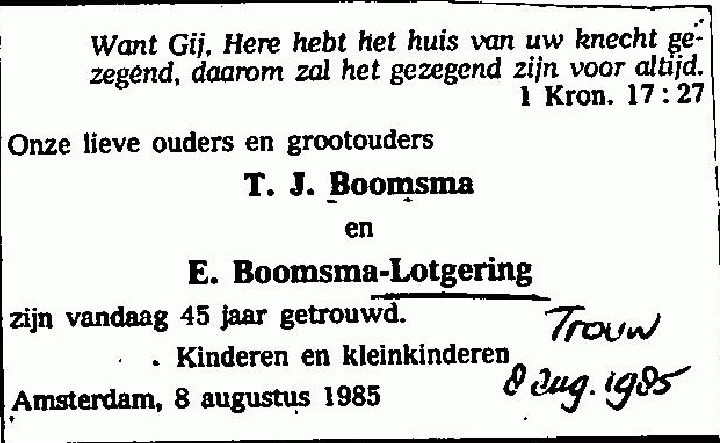 Tjeerd Jan Boomsma x Evertje Lotgering huwelijksjubileumadvertentie