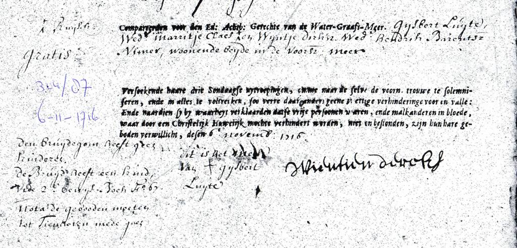 Wientie Dircksdr Velthuijse ondertrouwakte 1716