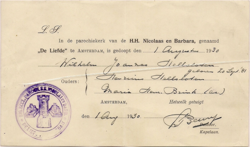 Wilhelm Johannes Hellsloten 1881 doopakte