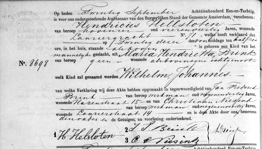 Wilhelm Johannes Hellsloten 1881 geboorteakte