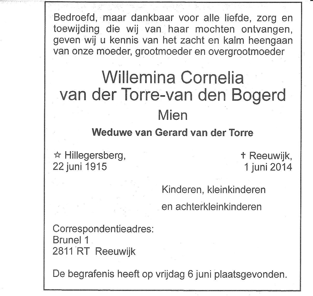 Wilhelmina Cornelia van den Bogerd overlijdensadvertentie