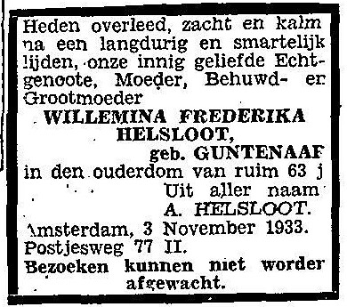Wilhelmina Frederika Guntenaar overlijdensadvertentie