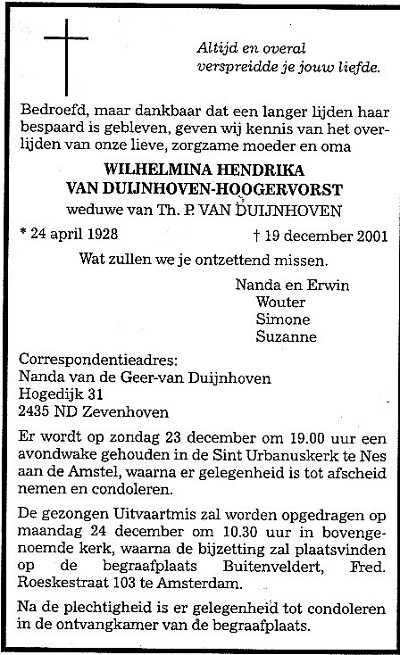 Wilhelmina Henrica Hoogervorst overlijdensadvertentie