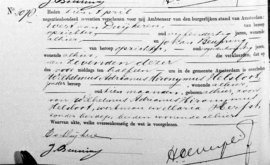 Wilhelmus Adrianus Hironimus Helsloot 1916 overlijdensakte