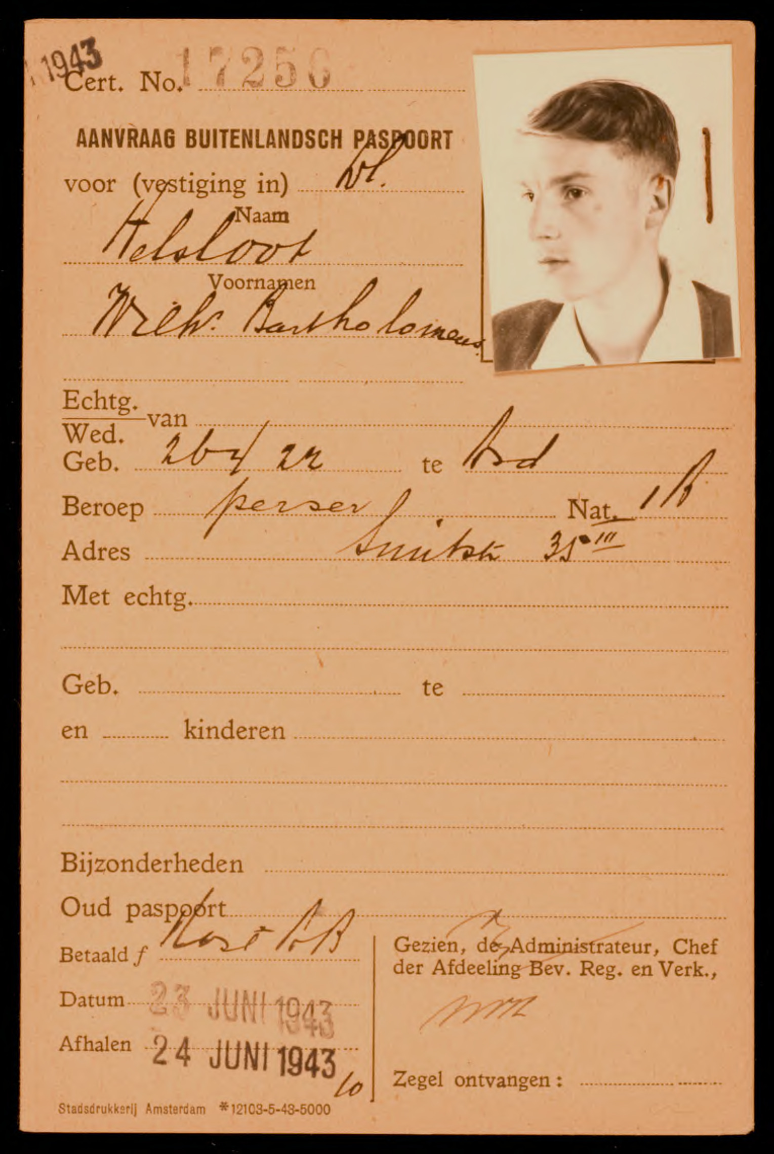 Wilhelmus Bartholomeus Helsloot 1922 paspoortaanvragen ’40-’45