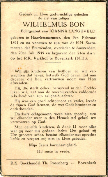 Wilhelmus Bon 1891 bidprentje