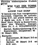 Willem Anne van der Torre 1918 huwelijksadvertentie