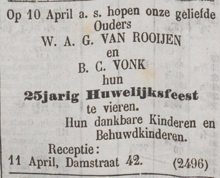 Willem Antonius Gerardus van Rooijen x Barbera Catriena Vonk huwelijksjubileumadvertentie