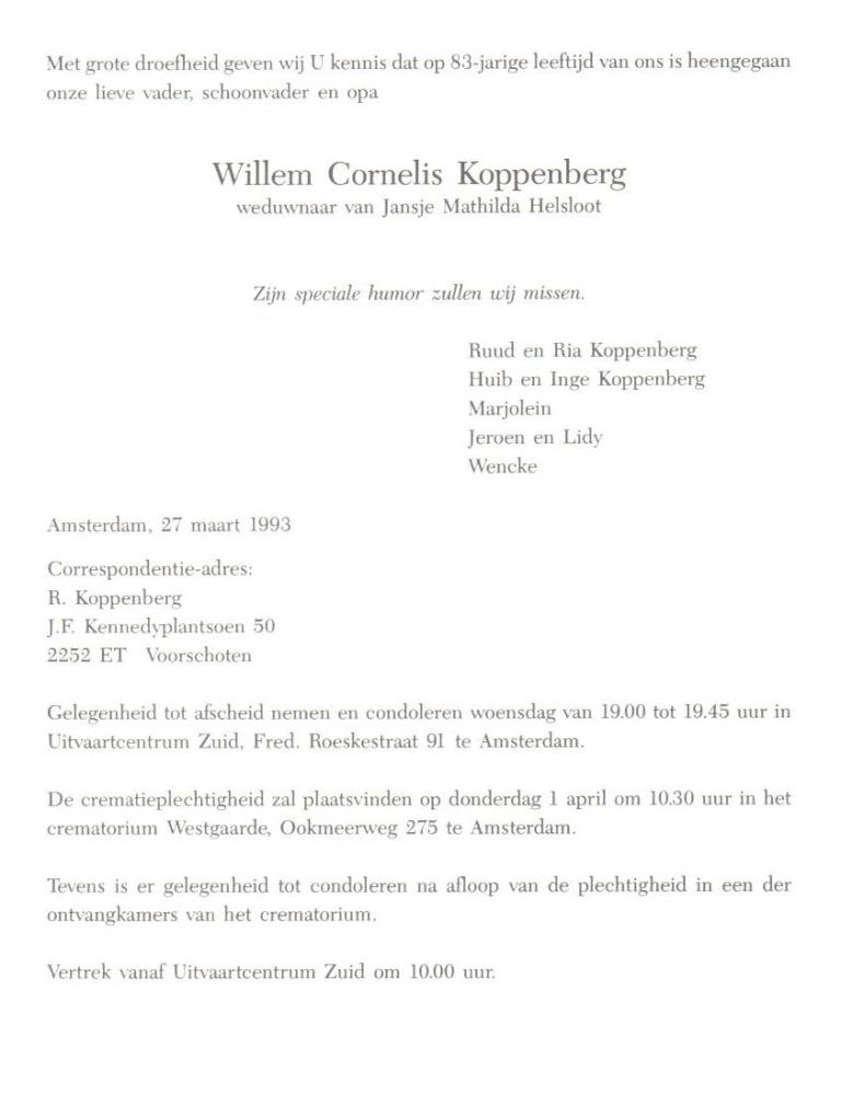 Willem Cornelis Koppenberg rouwkaart