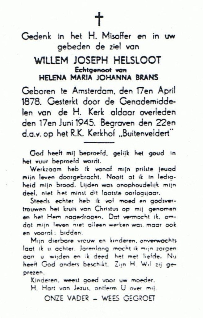 Willem Joseph Helsloot 1878 bidprentje