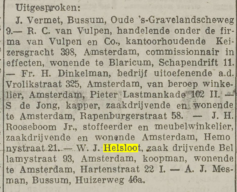 Willem Joseph Helsloot 1878 faillisement ; Utrechts Nieuwsblad 30-03-1933