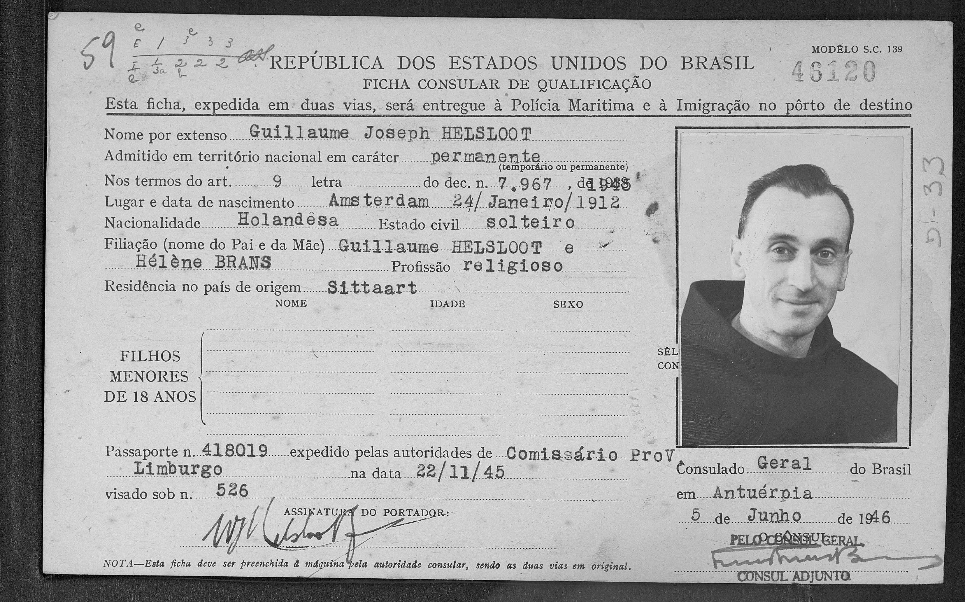 Willem Joseph Helsloot 1915 immigratiekaart