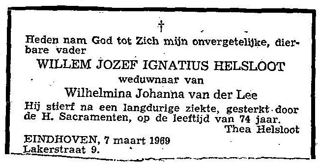 Willem Jozef Ignatius Helsloot 1895 overlijdensadvertentie