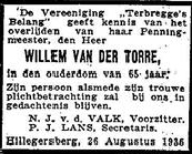 Willem van der Torre 1870 overlijdensadvertentie II