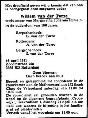 Willem van der Torre 1881 overlijdensadvertentie