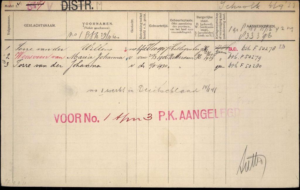 Willem van der Torre 1907 gezinskaart I