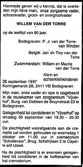 Willem van der Torre 1917 overlijdensadvertentie