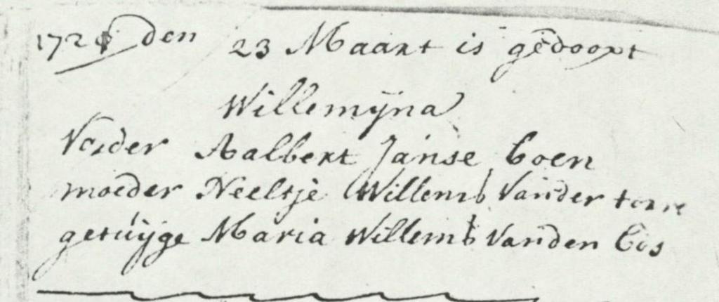 Willemijna Boon 1721 doopboek
