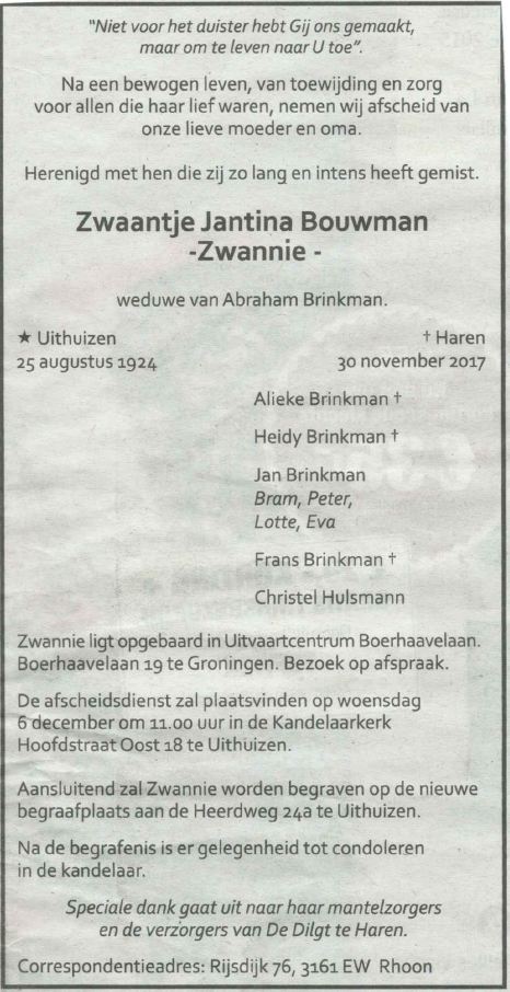 Zwaantje Jantina Bouwman overlijdensadvertentie